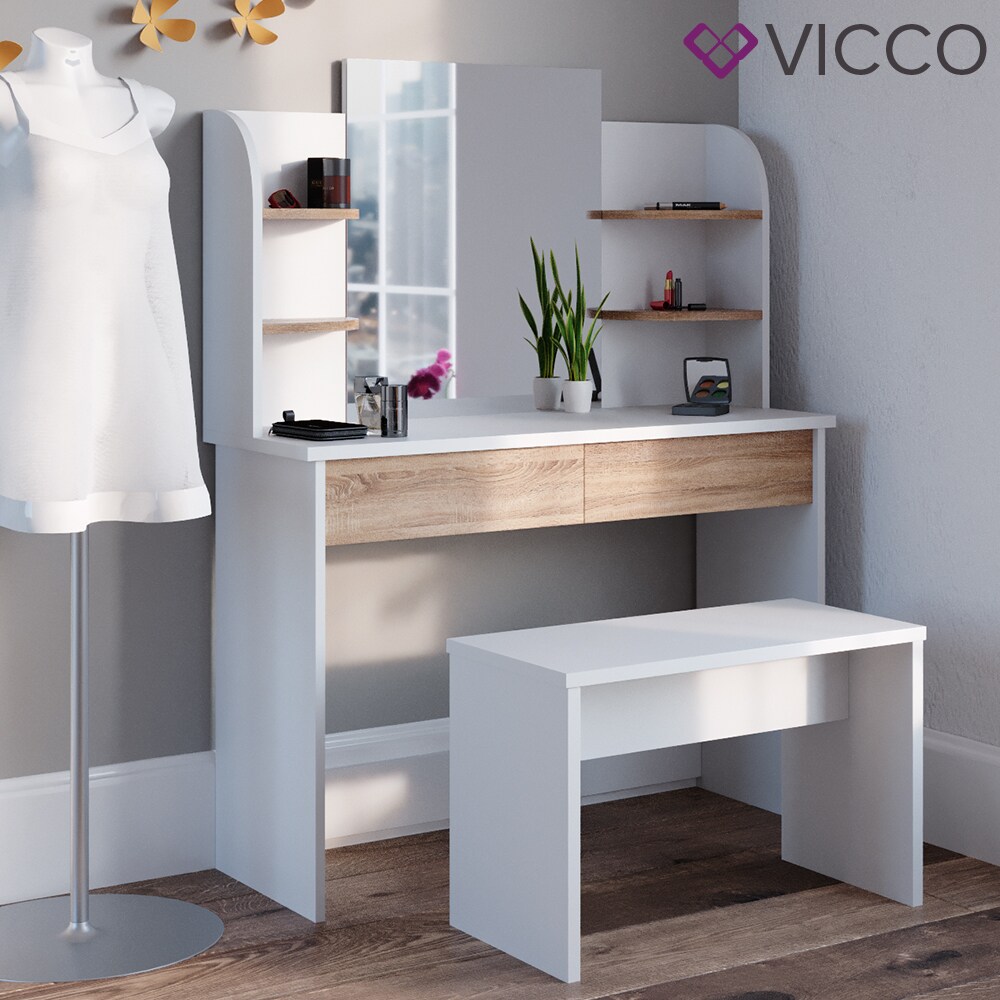 VICCO Schminktisch CHARLOTTE Frisiertisch Weiß Eiche Kommode Kosmetiktisch Bank