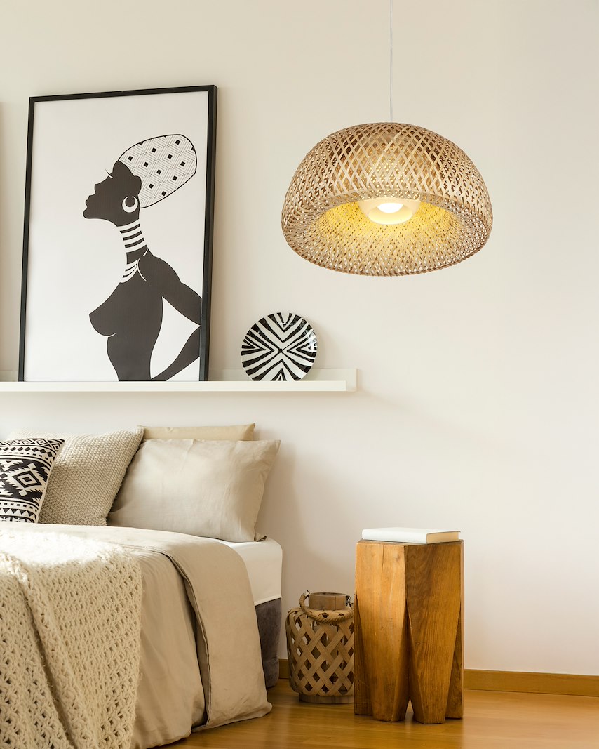 Malacca taklampe Ø:45cm, natur flettet bambus, E27