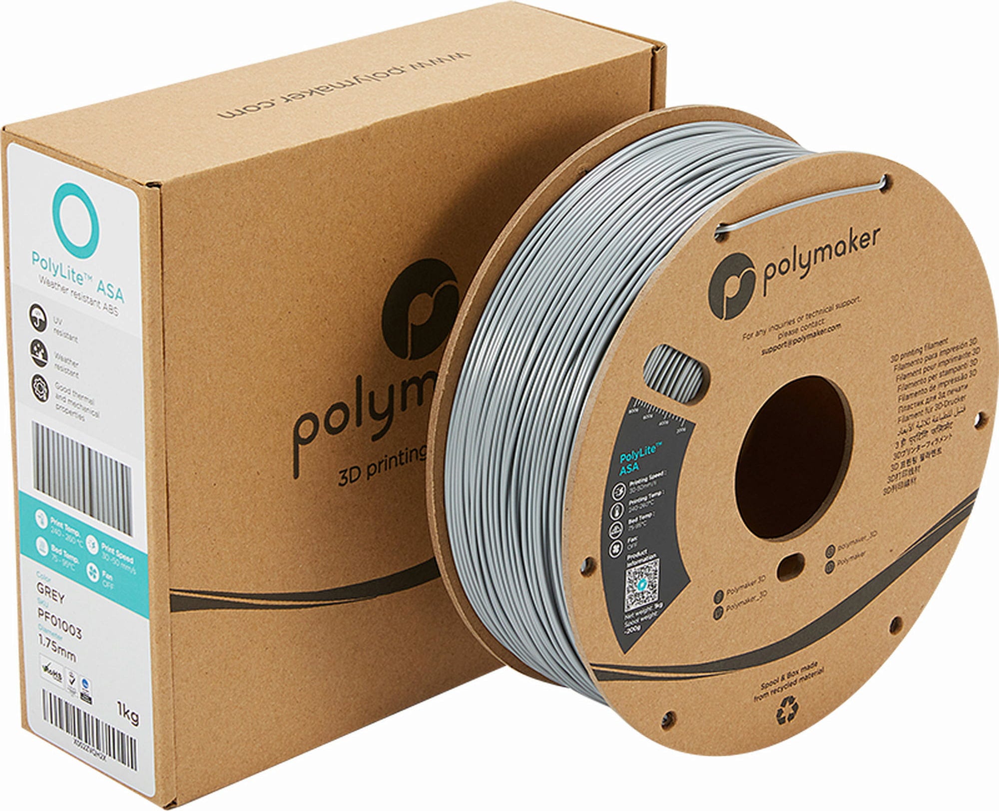 Polymaker  PolyLite ASA Grau, 1,75 mm / 1000 g    Die Alternative zu ABS Filament in Grau