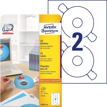 Avery Zweckform L6015-25 CD-Etiketten ClassicSize,A4 Ø 117 mm, 25 Bogen/50 Etiketten, weiß