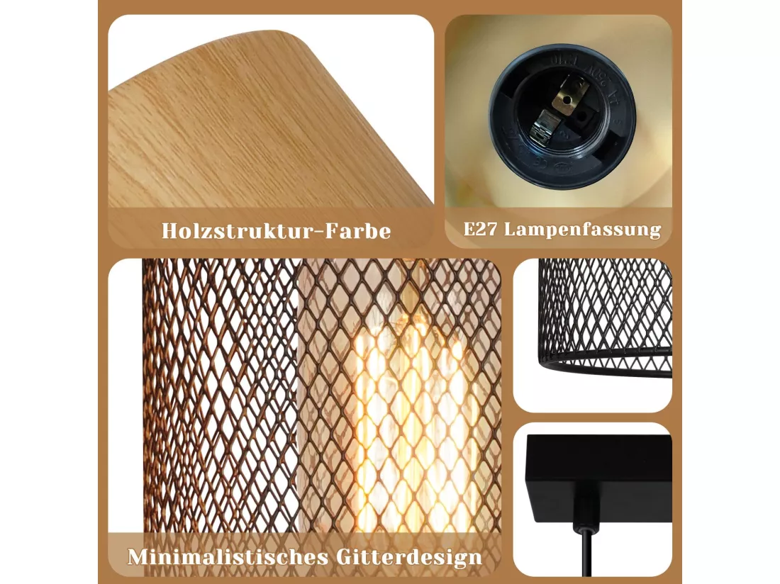 NETTLIFE Lampe à suspendre Vintage Bois veiné Table à manger Noir Industriel E27 25W Suspension