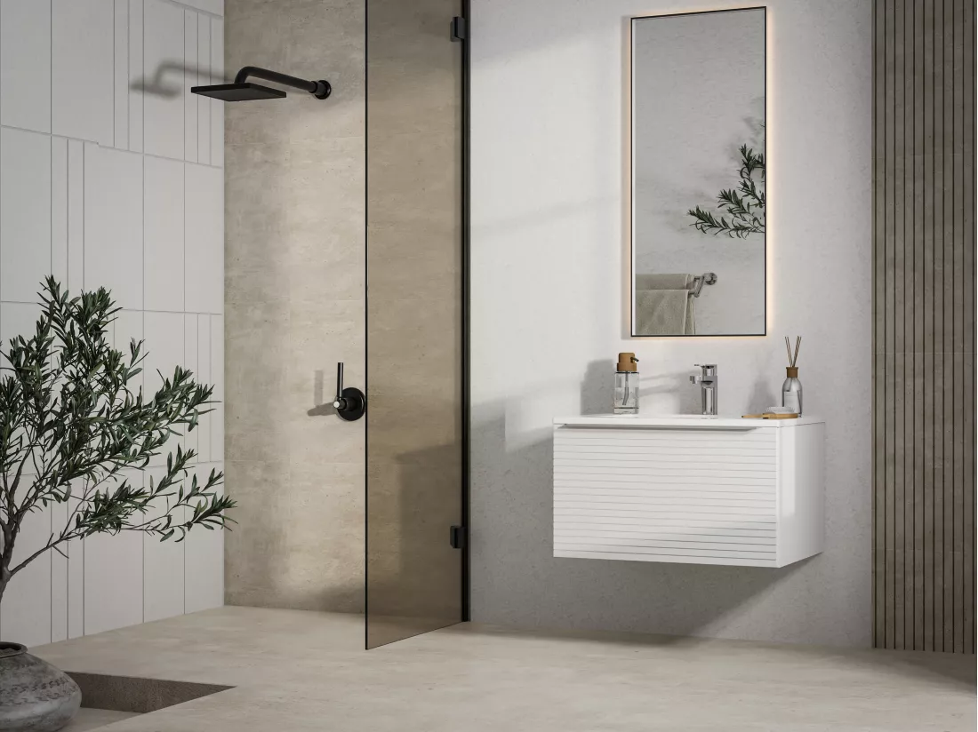 Meuble de salle de bain suspendu strié blanc avec simple vasque à encastrer - 60 cm - LATOMA