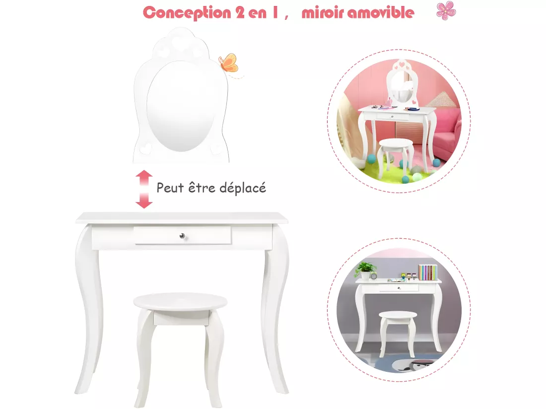 Coiffeuse pour Enfant avec Miroir, Inclus de Table de Maquillage et deTabouret, Dessus Amovible, Contemporain, 70 x 34 x 105 cm (Blanc)