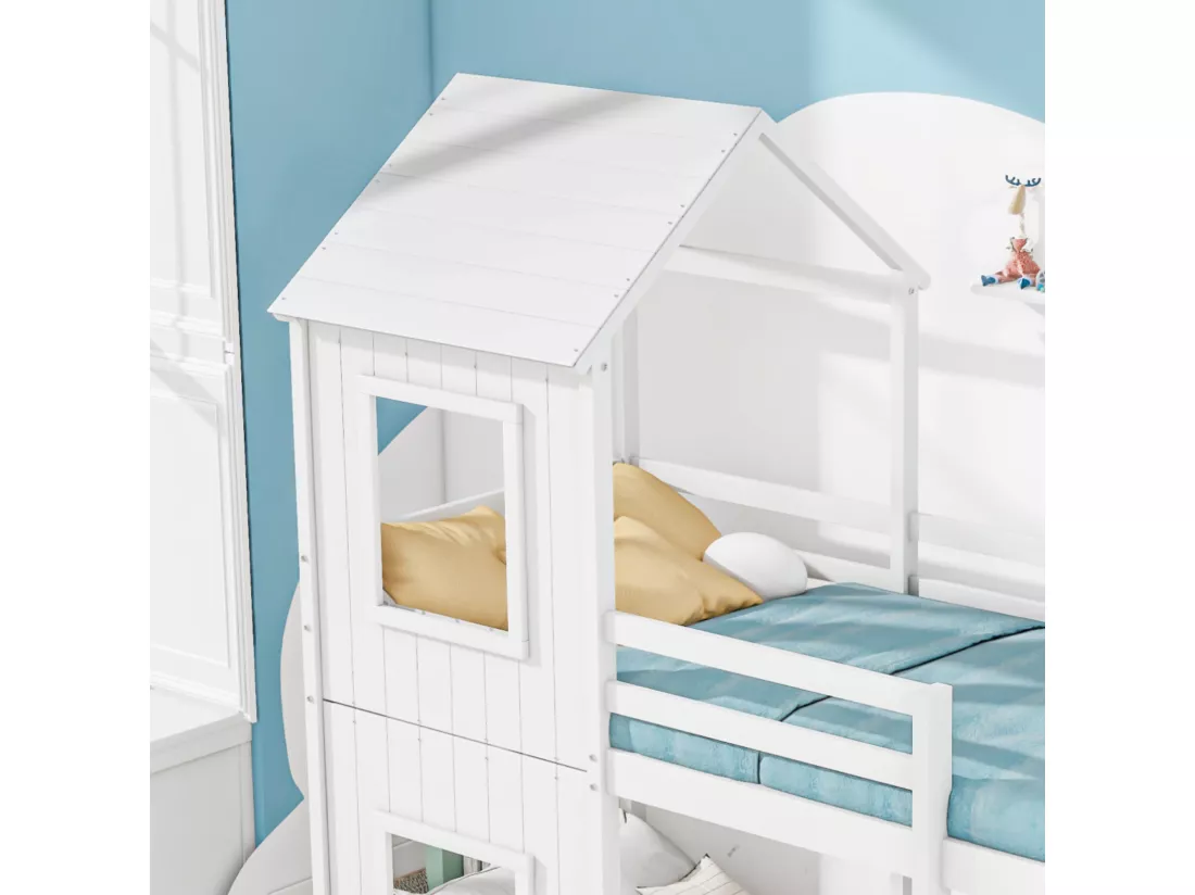 Lit superposé cabane 90x200cm - en bois massif - avec 2 fenêtres - Blanc