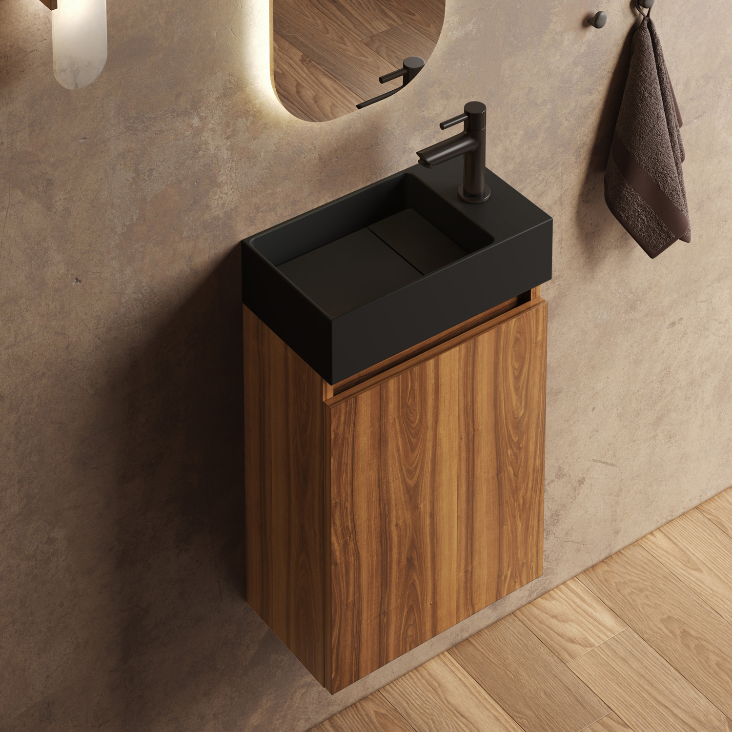 Fontana Itsie toiletmeubel walnoot 40cm met fontein in mat zwart