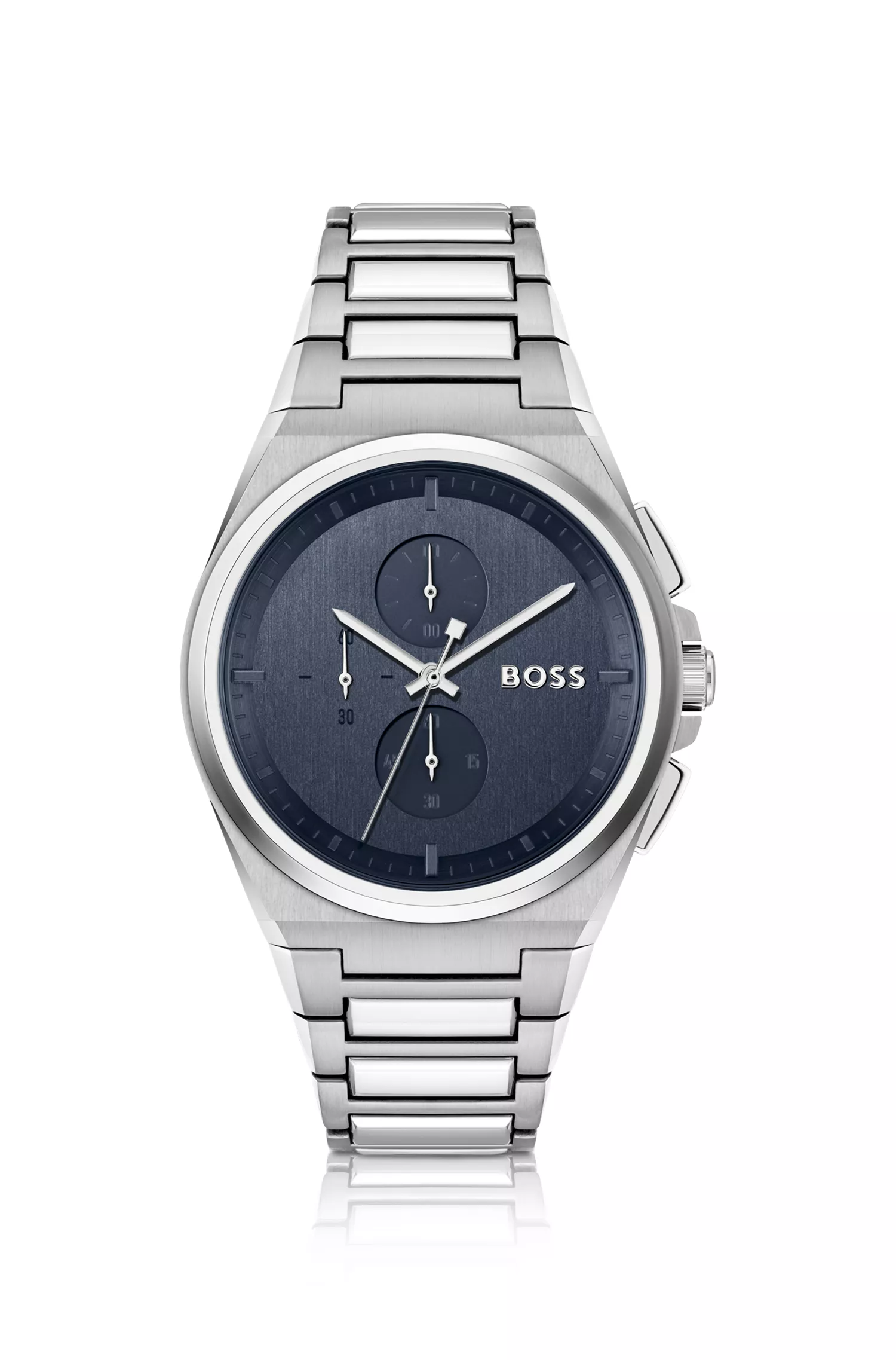 Relógio cronógrafo BOSS com mostrador preto e azul e pulseira de elos.
