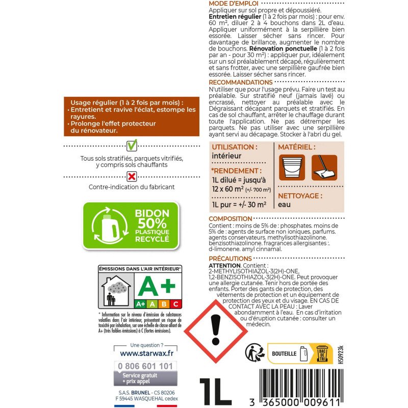 Entretien raviveur 2 en 1 - parquet  stratifié ou vitrifié - 1 L