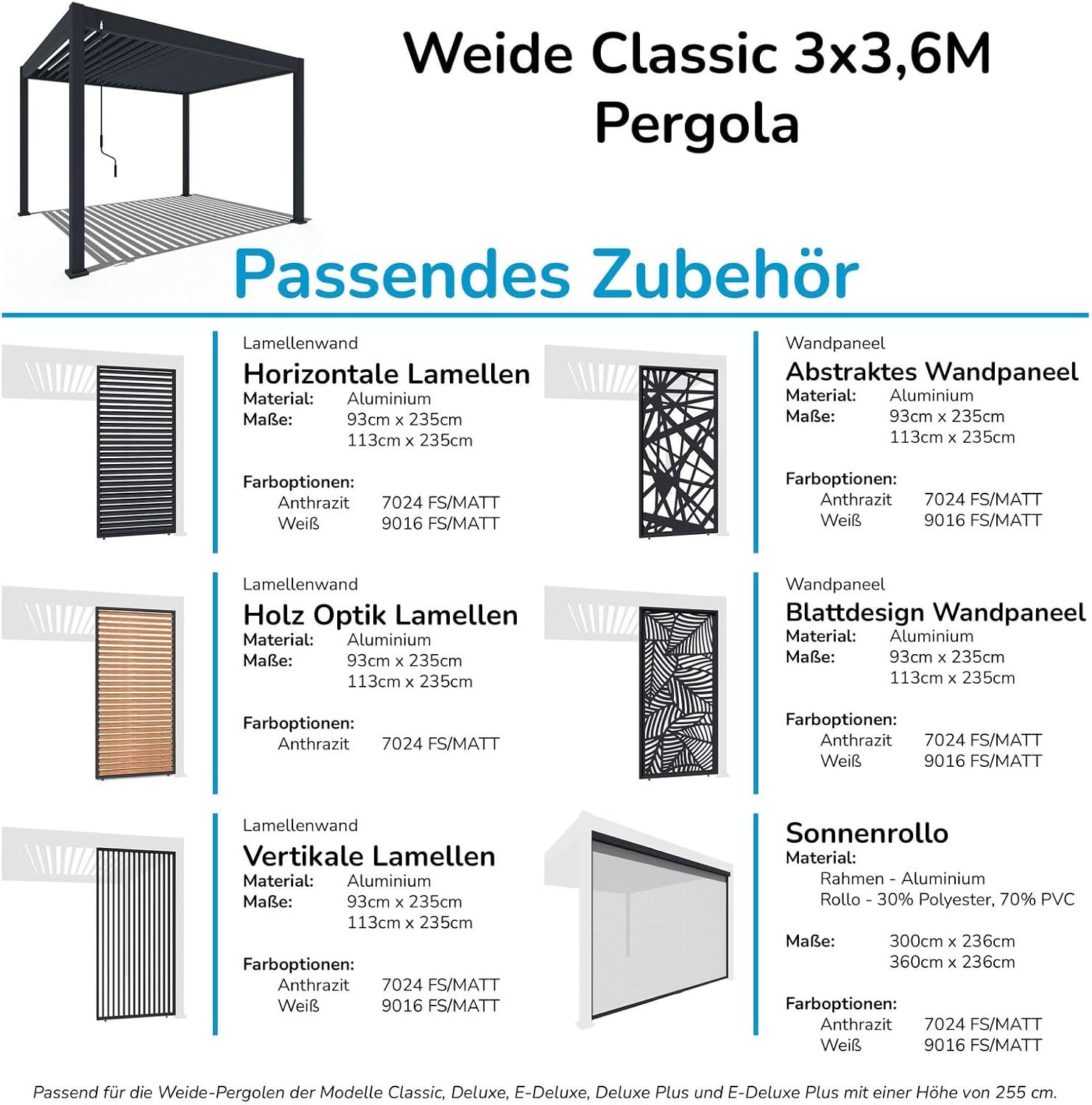 WEIDE - Classic Terrassenüberdachung freistehend mit einstellbarem Stahl-Lamellendach I Pfosten aus Voll-Aluminium I Robustes Terassenüberdach I wasserdicht (Anthrazit, 3 x 3,6 M)