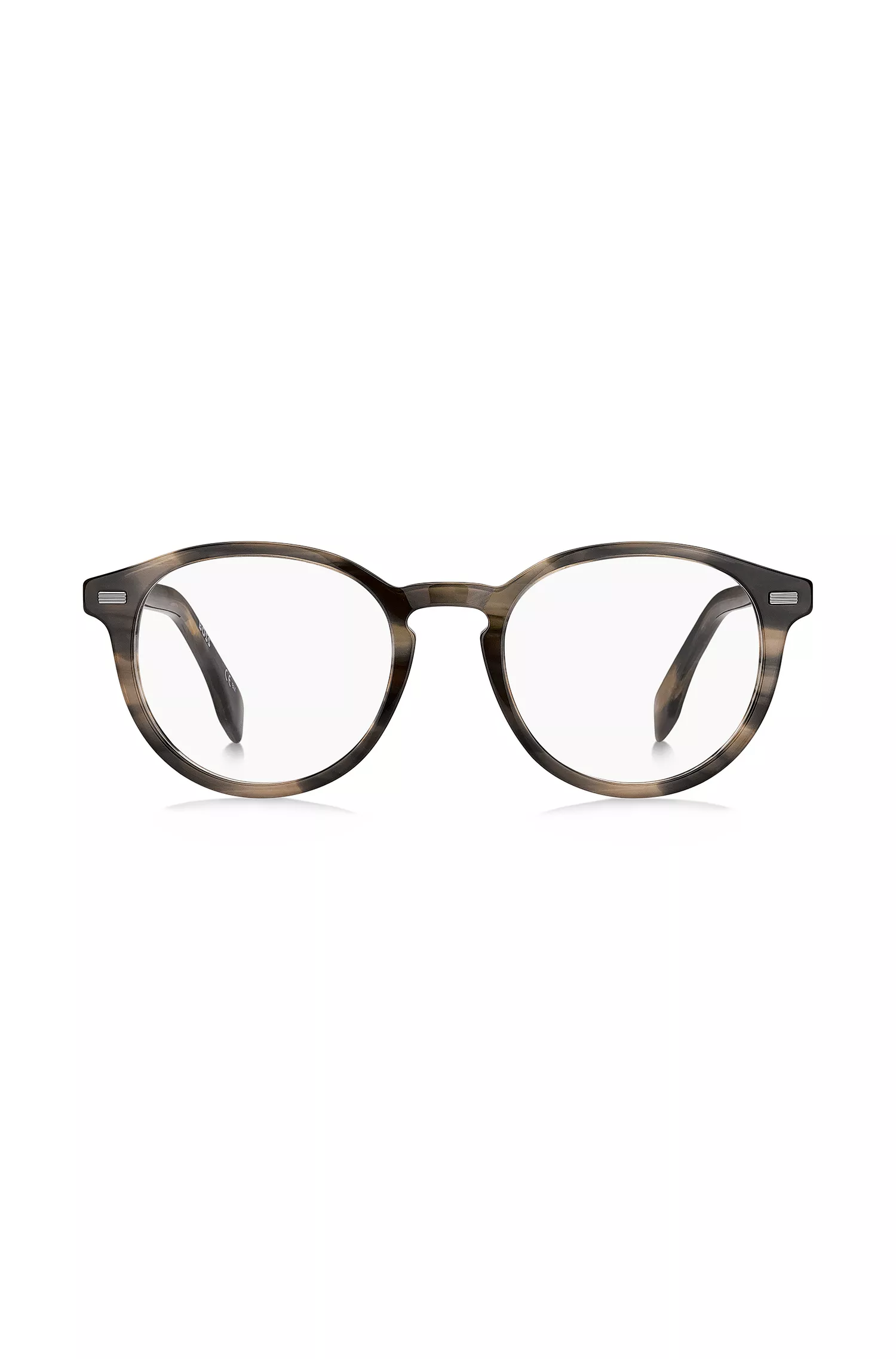 Armação de óculos BOSS em acetato preto com detalhes em metal e rebites.