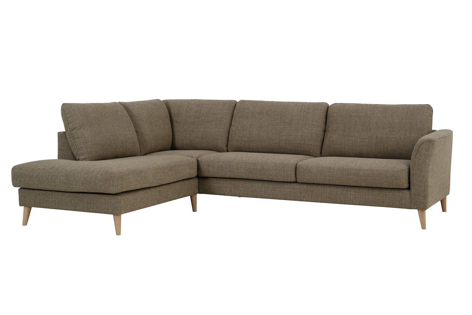 Nina hjørnesofa 3-seter med åpen ende venstre i tekstil Oslo 5 Brown med arm A og hvitoljet ben 15583