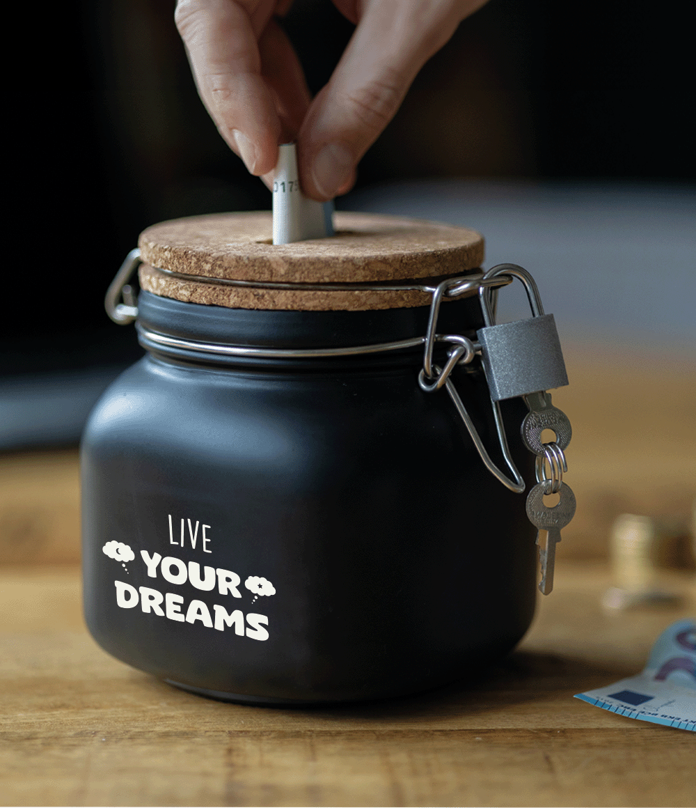 Zwarte Spaarpot Live Your Dreams 12,5cm