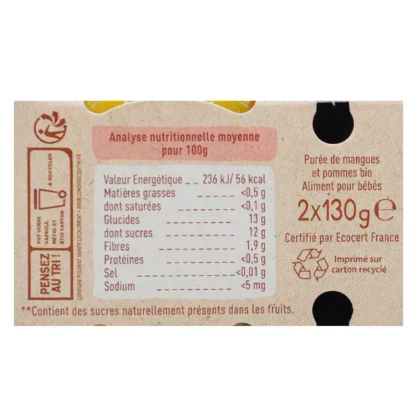 Babybio Frutas em Pote Manga e Maçã Orgânica +4 meses 2 x 130g