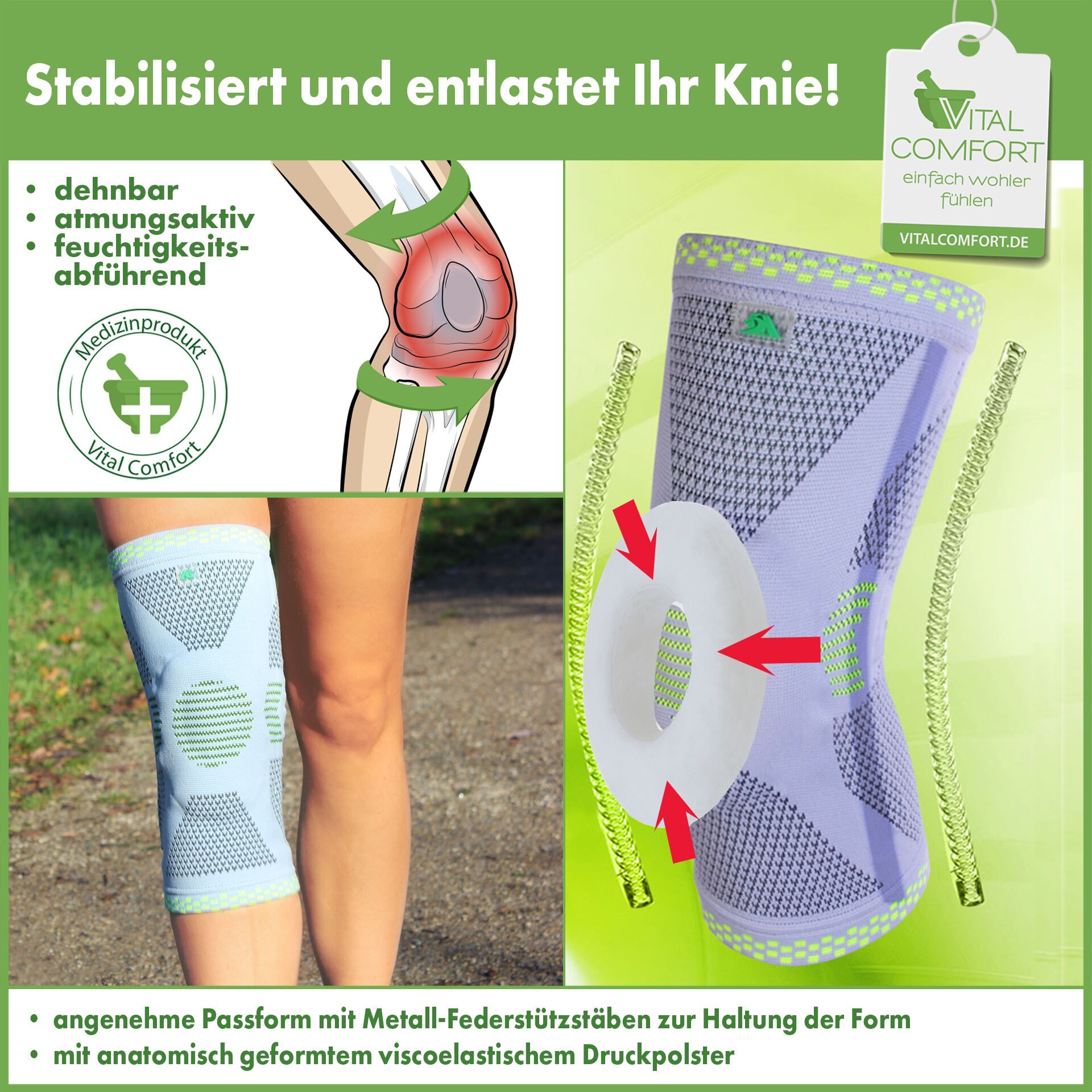 Vital Comfort Kniebandage PatellaTec für Sport u. Regeneration, perfekter halt durch Silikonstreifen