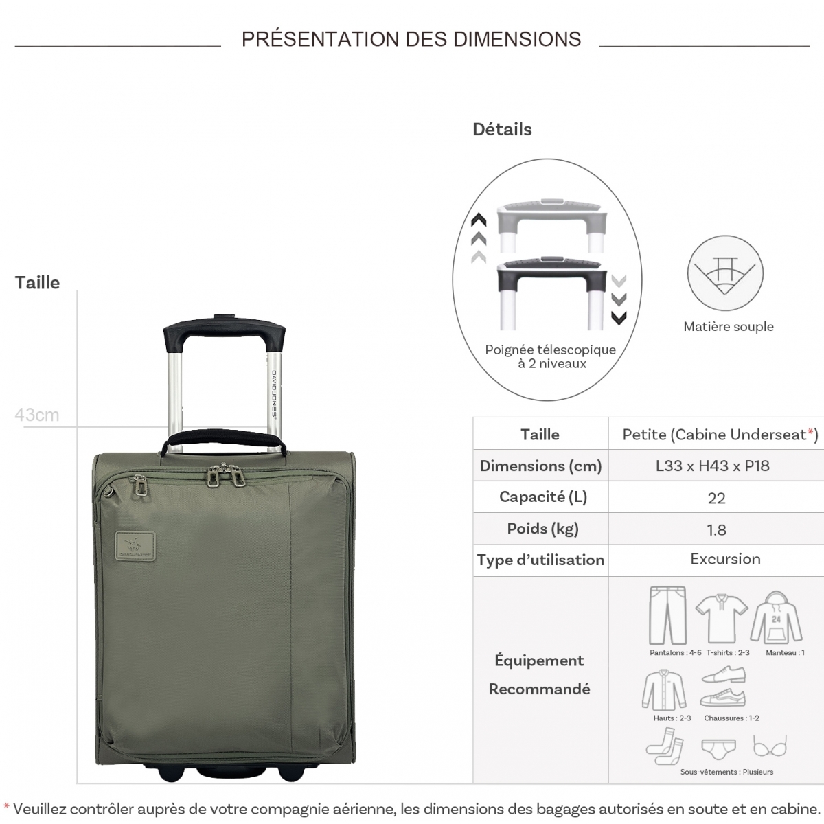 David Jones Valise cabine XS underseat souple David Jones 43cm