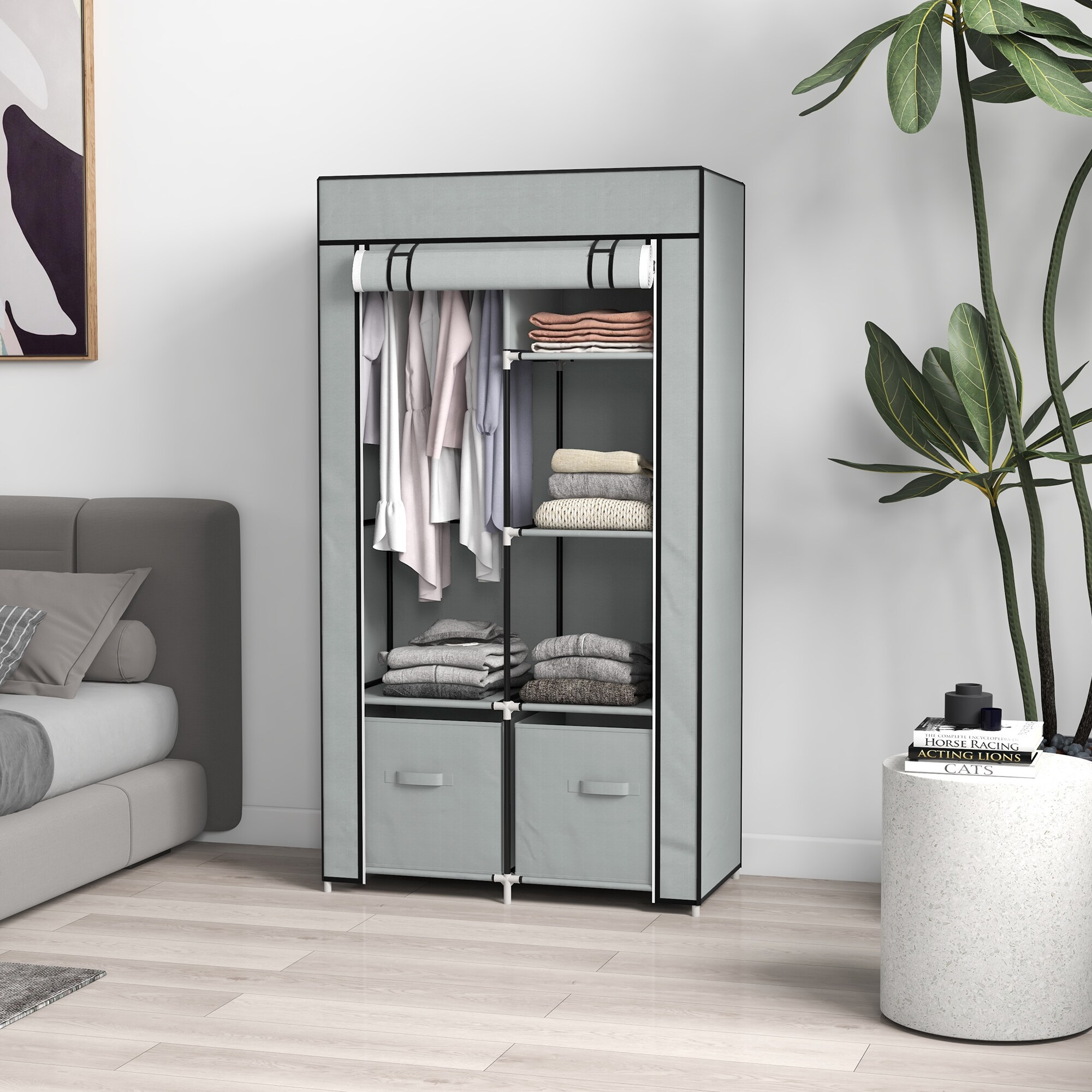 HOMCOM Stoffkleiderschrank mit Reißverschlusstüren grau 83L x 42,5B x 162,5Hcm
