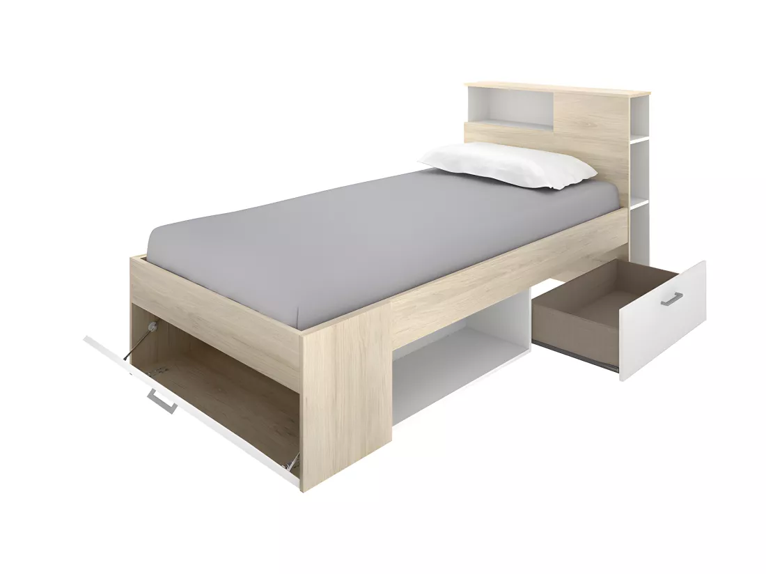 Lit avec tête de lit rangements et tiroir - 90 x 190 cm - Blanc et Naturel - LEANDRE