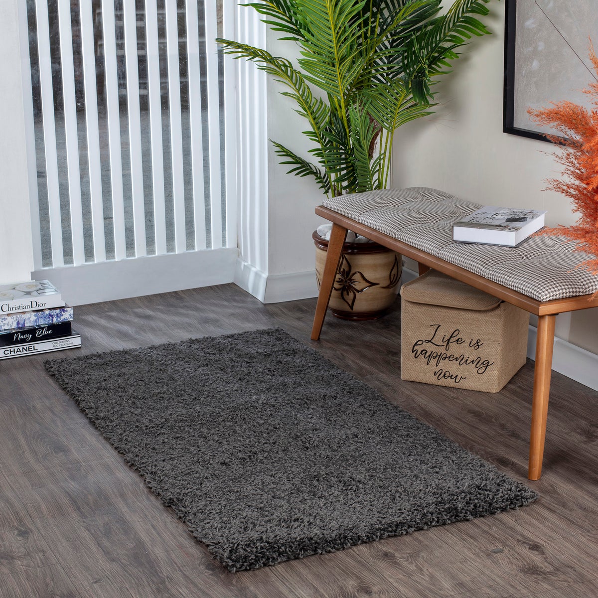 Modern hoogpolig shaggy vloerkleed, donkergrijs, 80x150 cm, LILLY