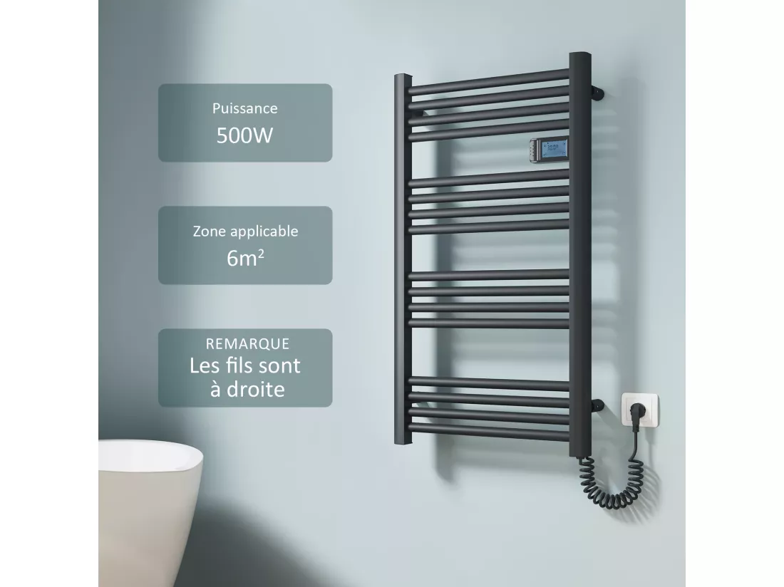 EMKE Sèche-serviette électrique Aluminium Commande tactile Température réglable - 960 x 540 mm Noir 500W