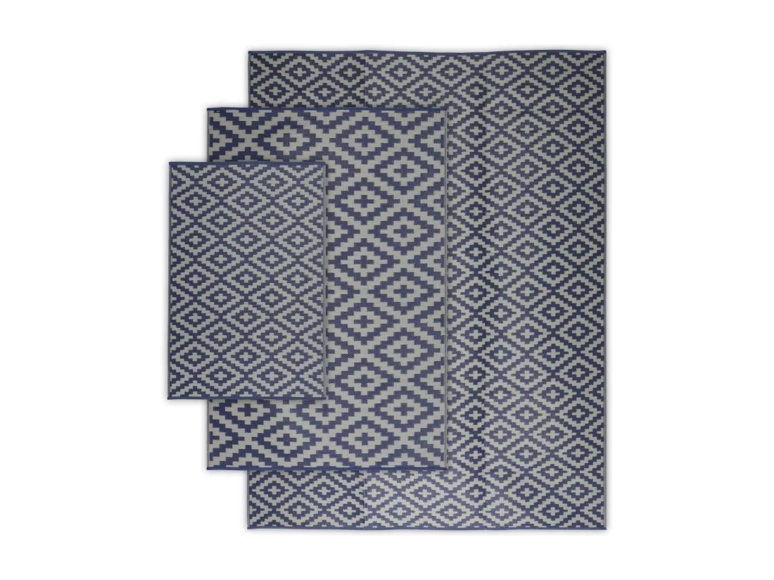 Tapis d’extérieur 270x360cm STOCKHOLM - Rectangulaire. motif losanges bleu / beige. jacquard. réversible. indoor / outdoor.
