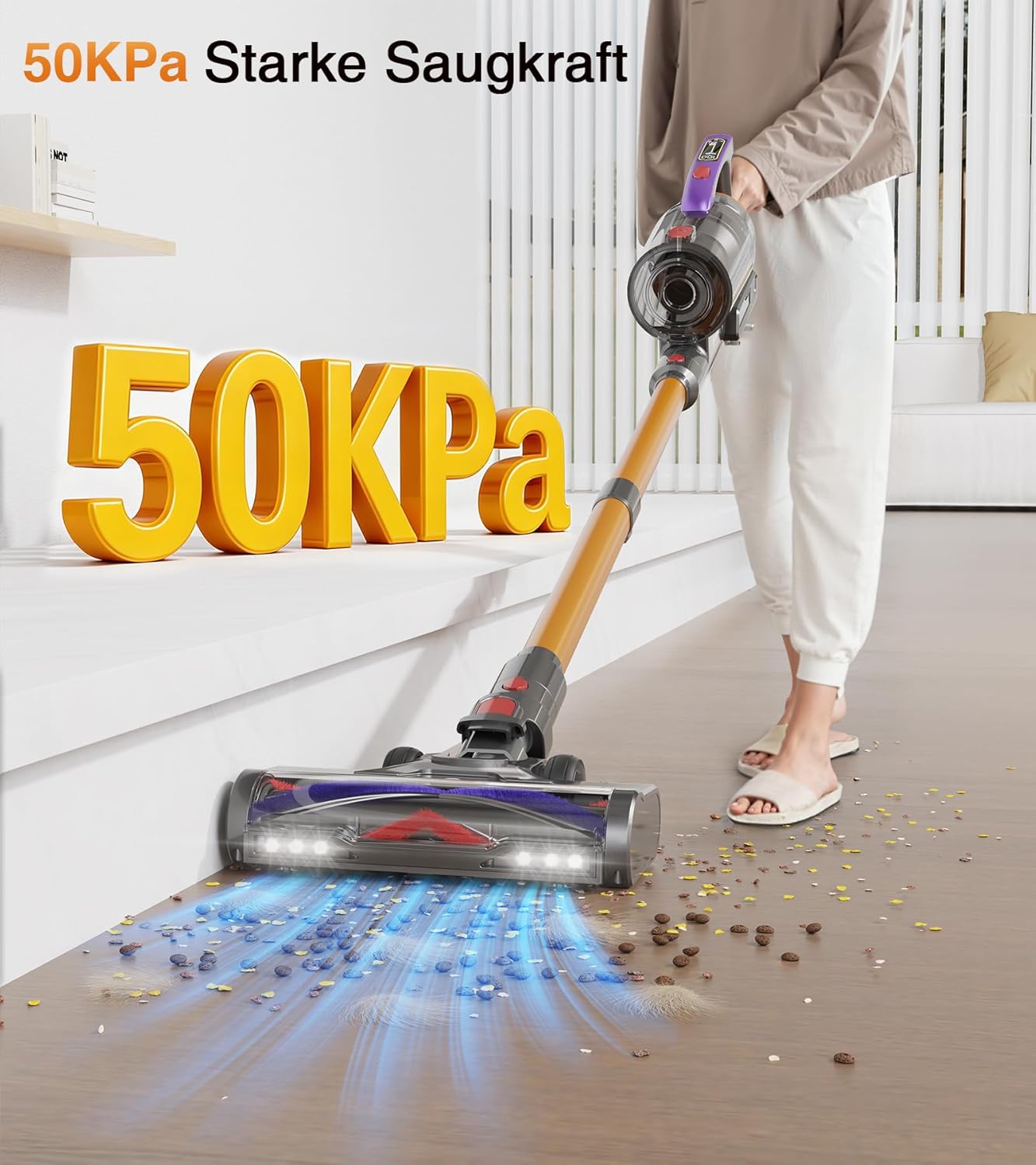 Akku Staubsauger 50000Pa/600W/75Min, 1.8L Staubsauger Kabellos mit Freistehender, LED Display, Anti-Tangle-Bürste, Wandladestation, Ultraleise, für Tierhaare/Hartböden/Teppiche/Auto