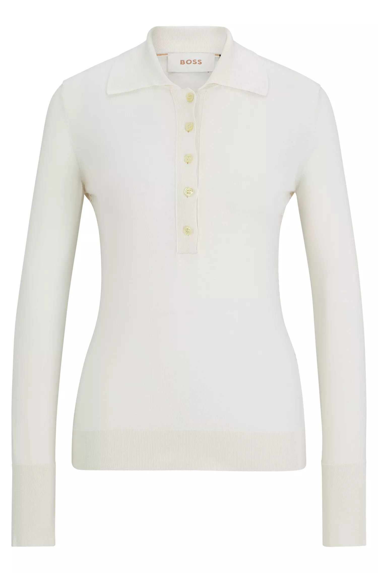 Suéter BOSS de seda preta com gola polo e modelagem slim.