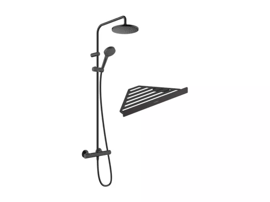 Colonne de douche thermostatique HANSGROHE Vernis Blend 200 noir mat + tablette AddStoris