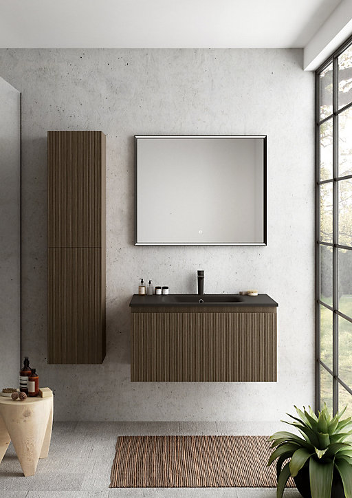 Meuble sous vasque à suspendre Pura placage noyer strié 90 cm + Plan vasque en résine noir mat