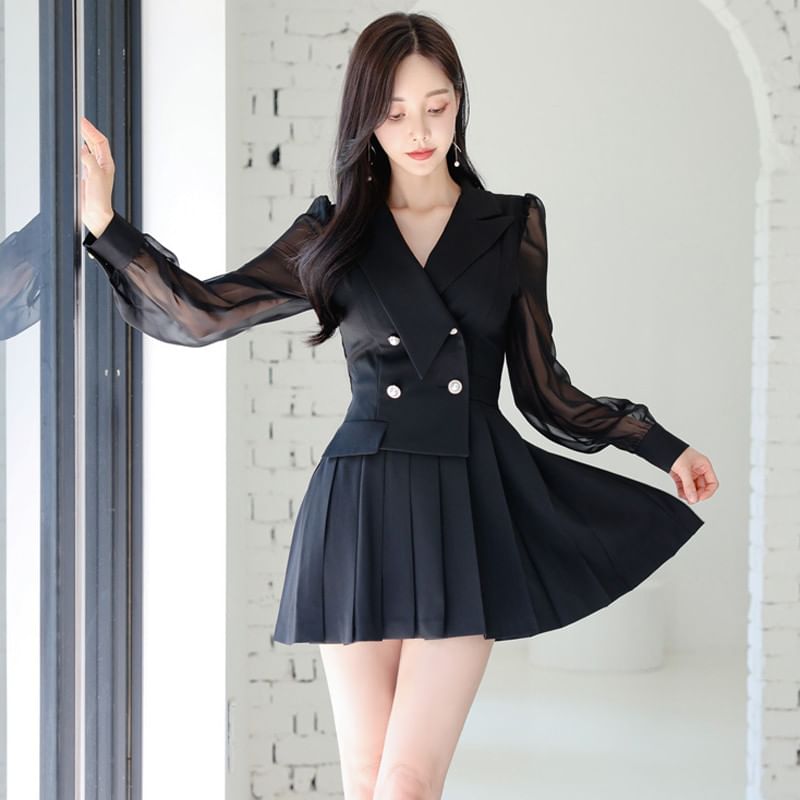 Aurora - Peak Revers Plain Sheer Panel Pleated Double-Breasted Mini A-lijn Blazerjurk