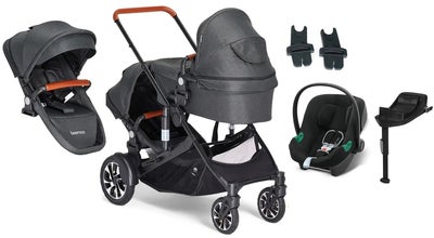 Beemoo Maxi 4 Twin Søskenvogn Inkl. Søskensete & Cybex Aton B2 Babybilstol & Base, Black/Volcano Black