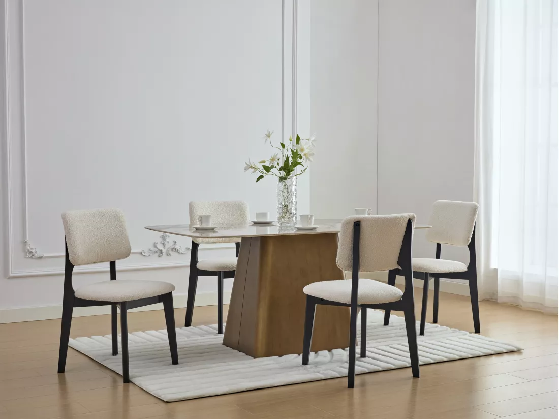 Lot de 6 chaises en tissu bouclette et bois d'hévéa - Blanc et Noir - JASMENA