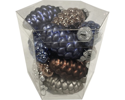 Decoratieve dennenappelhangers Lafiora H 6 cm bruin blauw grijs 16 st.