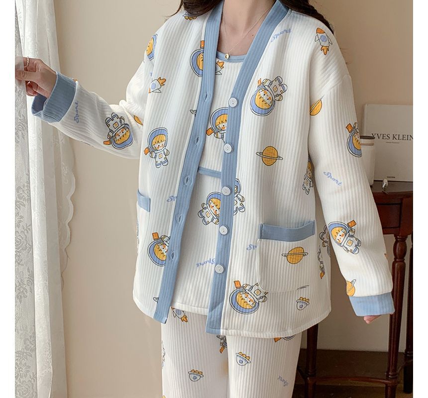 Dazzli - Zwangerschapspyjamaset: Cartoon-jasje met knoopjes + top + broek