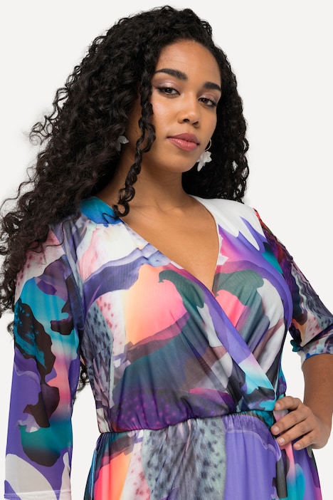 Meshkleid, Blüten, Wickeloptik, V-Ausschnitt, 3/4-Arm