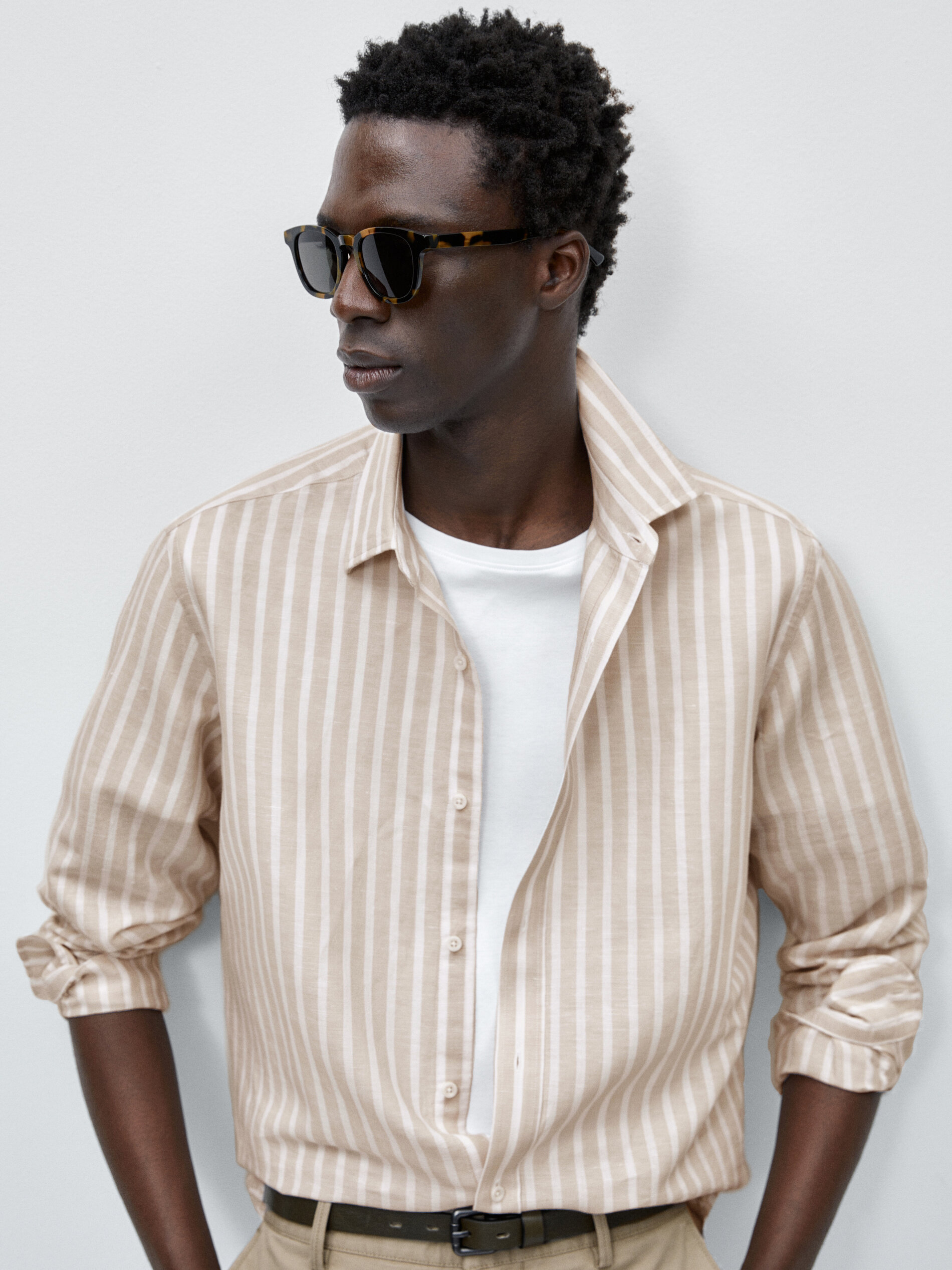 Rayas camisa com lino e algodón slim fit - BEIGE