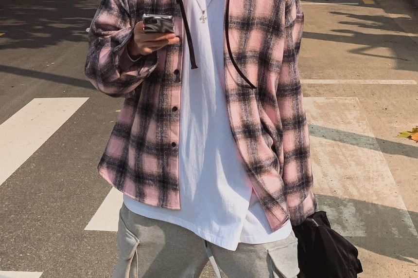 SeoulPop - Geruite, losse capuchonsweater met lange mouwen