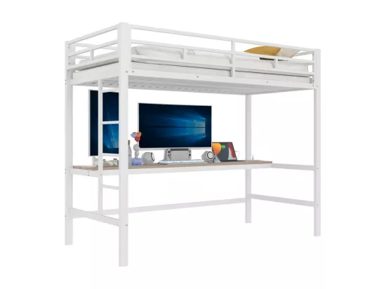 Lit mezzanine 90x200 cm - avec barrières - avec échelle - table avec USB et prises - bandeau lumineux filaire - métal - blanc (matelas non inclus)