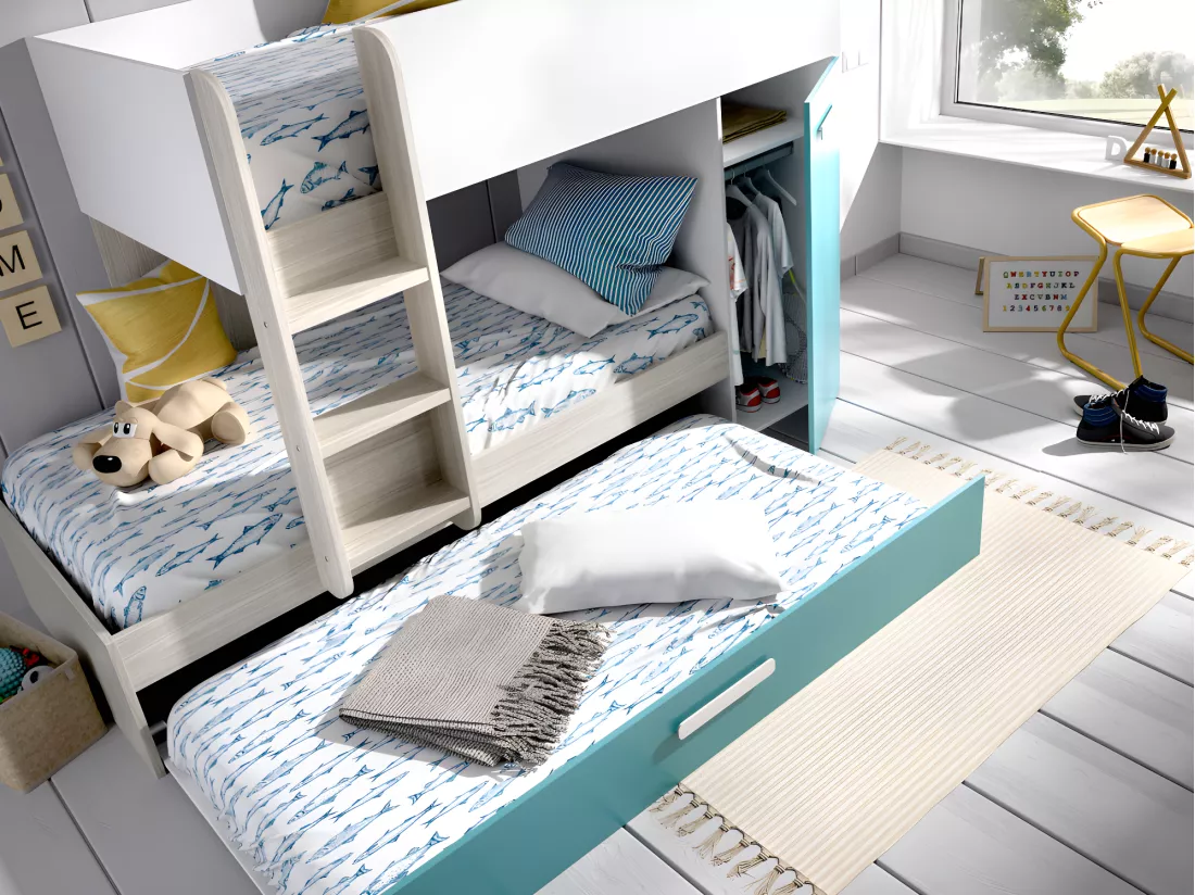 Lits Superposés ANTHONY avec rangements 3 x 90 x 190 cm - Blanc chêne et bleu + matelas