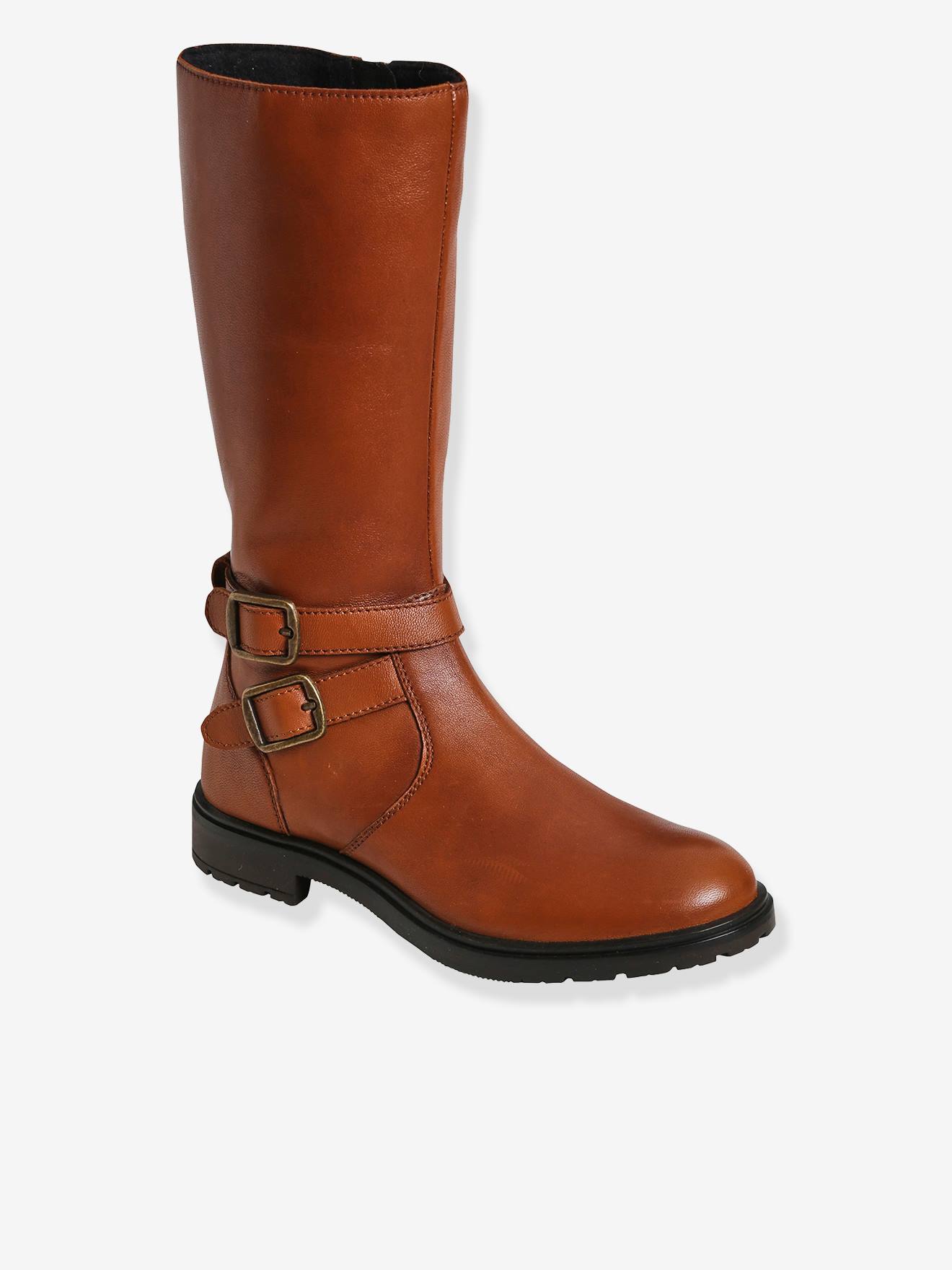 Botas de cano alto em couro cor camelo para meninas