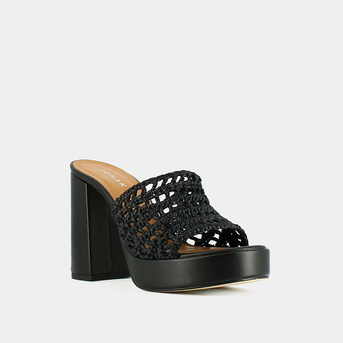 Mules ajourées à plateformes  en raphia noir