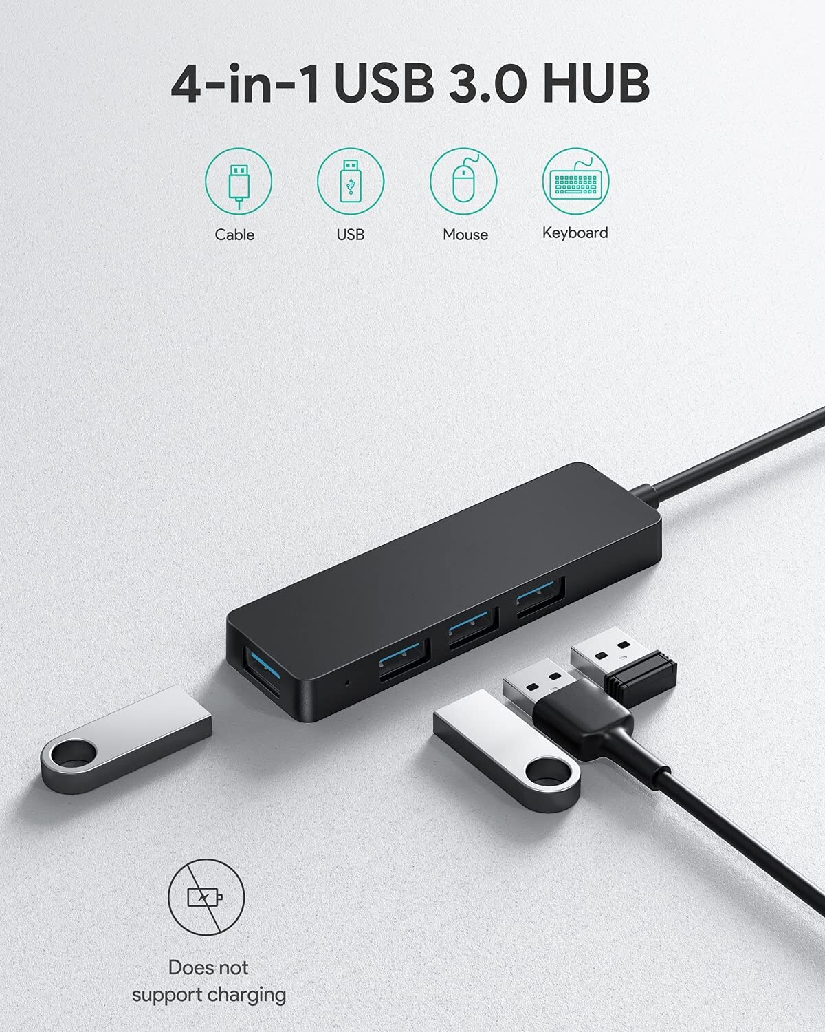 AUKEY CB-H39, USB 3.0 Hub, 4-in-1 USB A Adapter mit 20CM Kabel, 5Gbps SuperSpeed Datenrate, kompatibel mit MacBook Air, Mac PRO/Mini, Surface PRO, Dell XPS 15* etc.