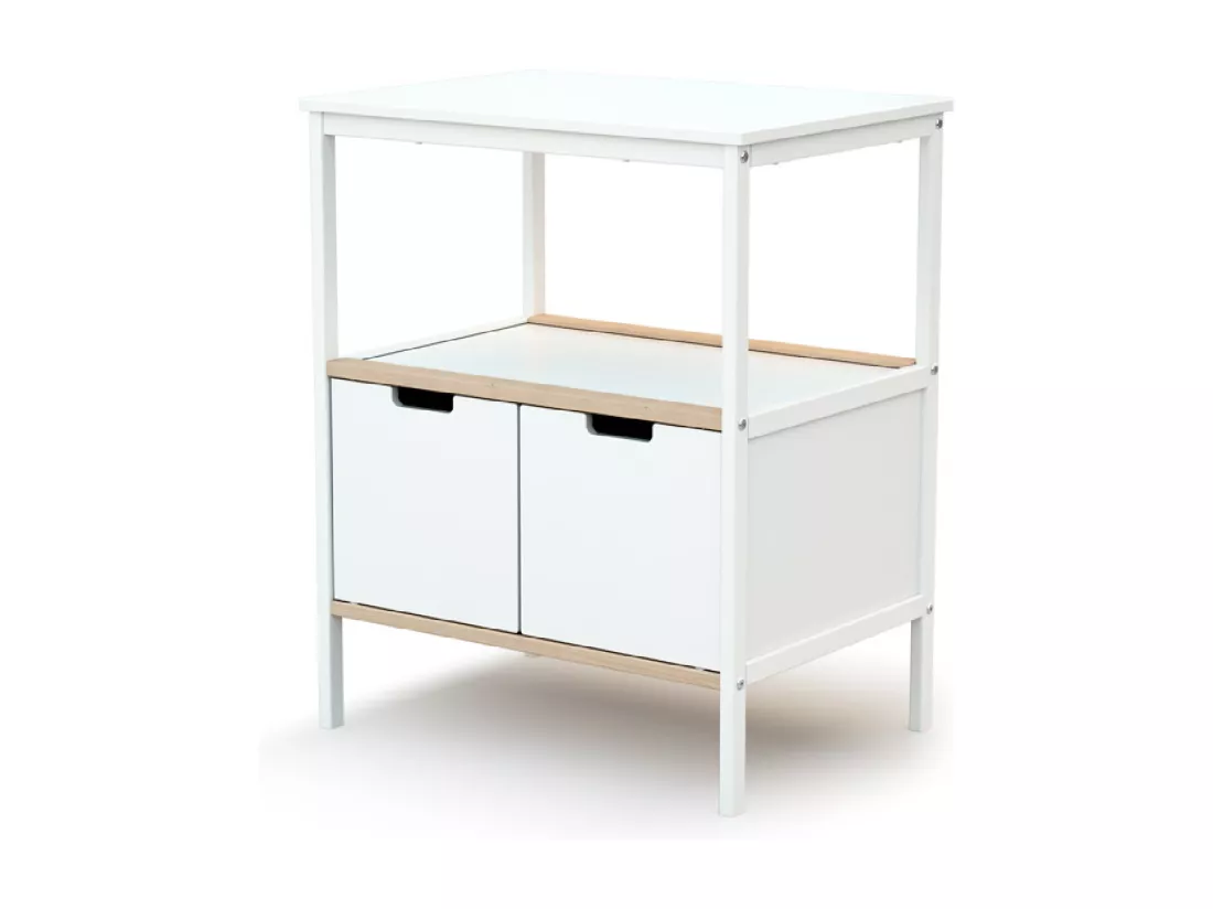 Meuble à langer 2 portes en bois ESSENTIEL Blanc et Hêtre Brut