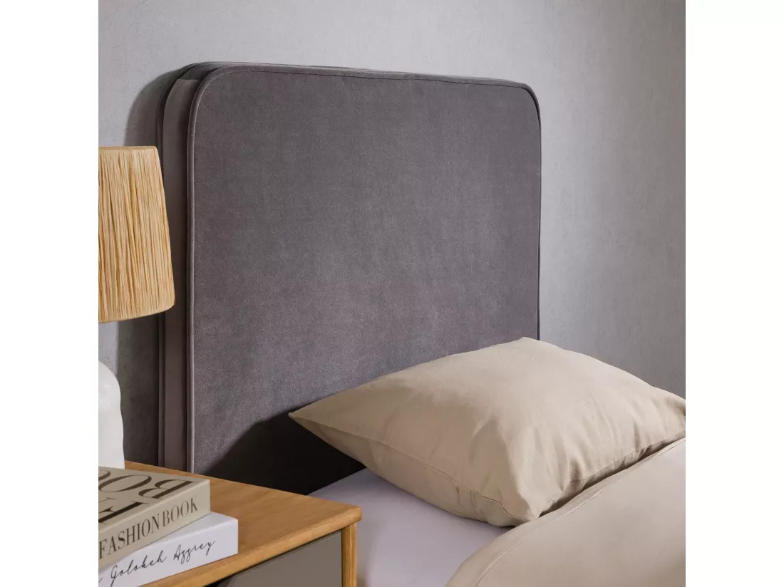 Tête de lit LUNAR 90, En tissu rembourré, Fixation murale Design arrondi moderne, Pour lit 90 cm ou moins, Gris