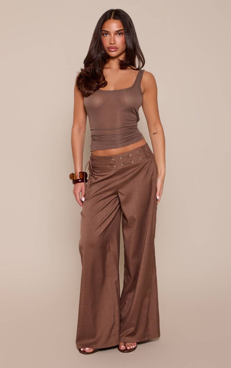 Champignon Pantalon Tailleur Large Petite Taille Avec Œillets Et Ceinture À Nouer