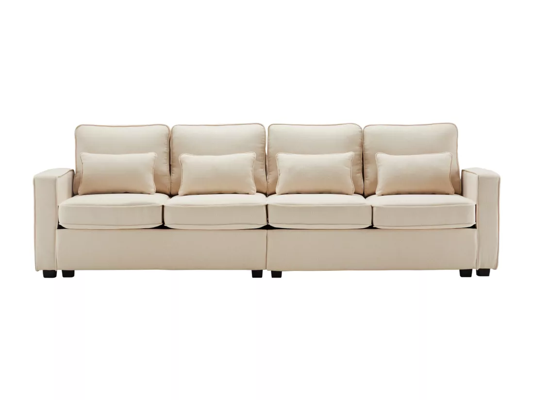Canapé moderne 4 places en tissu lin, canapé 4 places avec poches d'accoudoir et 4 coussins, canapé minimaliste.