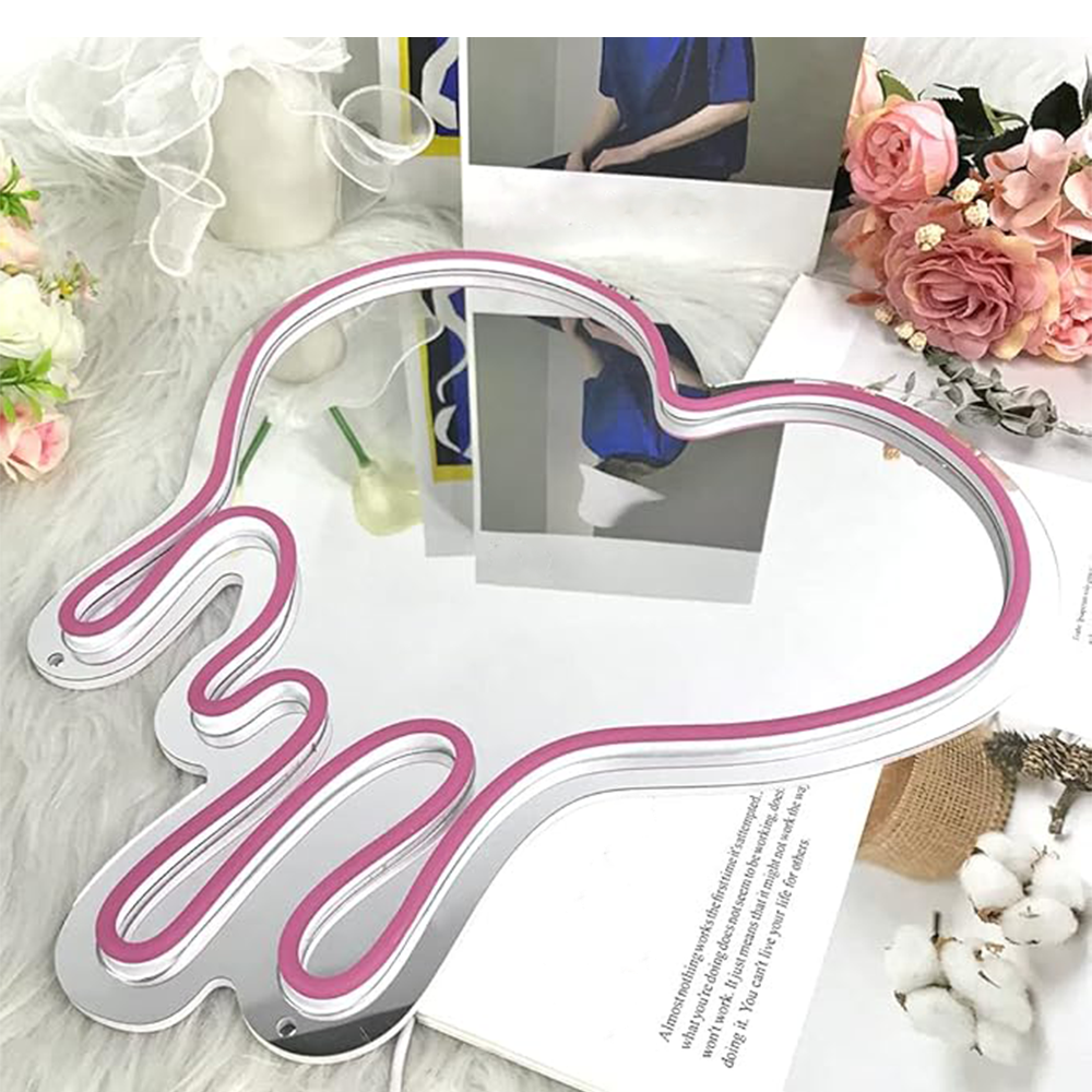 (33x30cm) LED Neon Sign Herz Spiegel Dimmbare Wand Home Deko USB Licht Schild Home Party Accessoire Hängelampe - Pink
