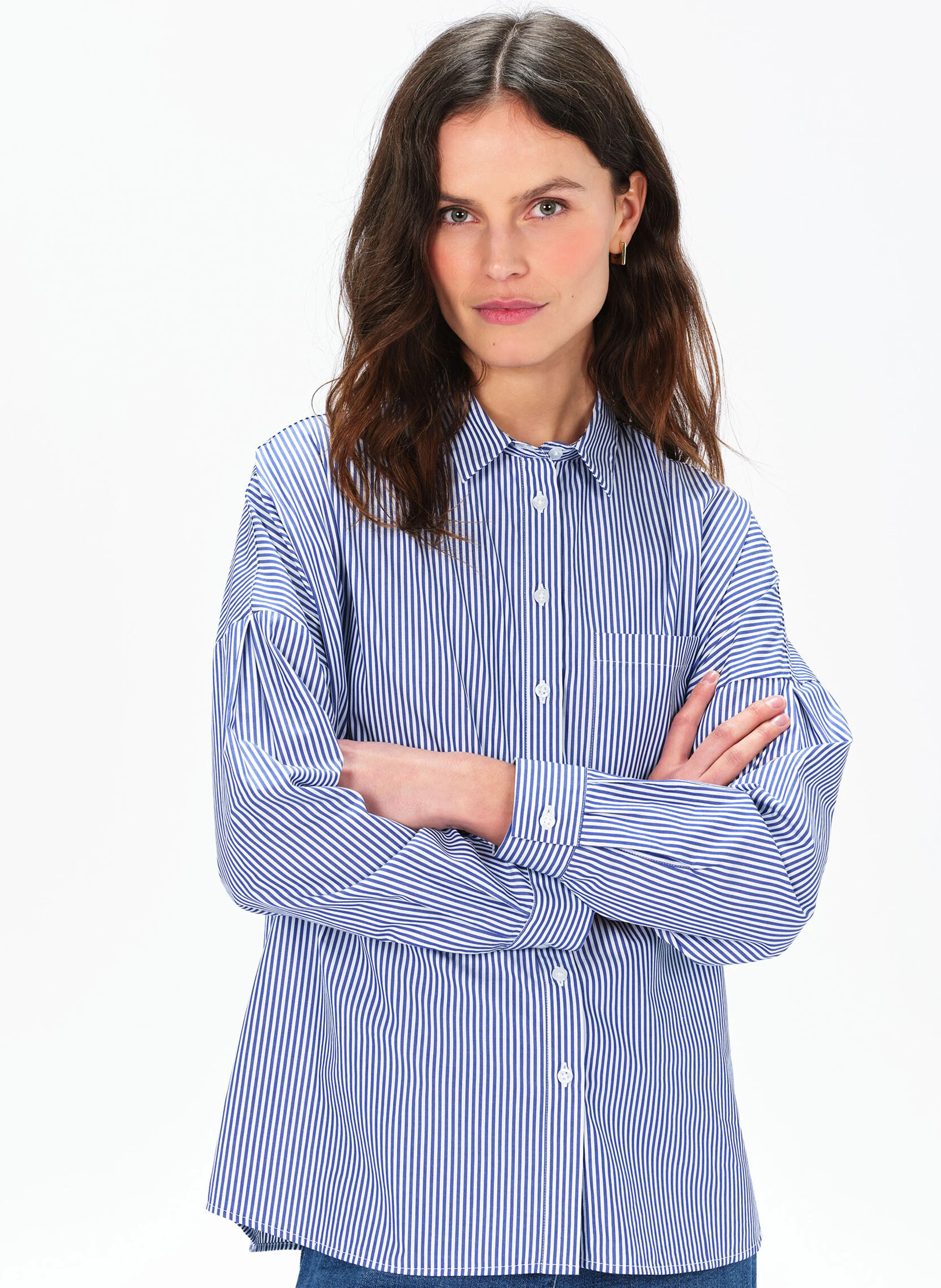 CLAUDINE - Chemise col classique rayée en coton | Bleu