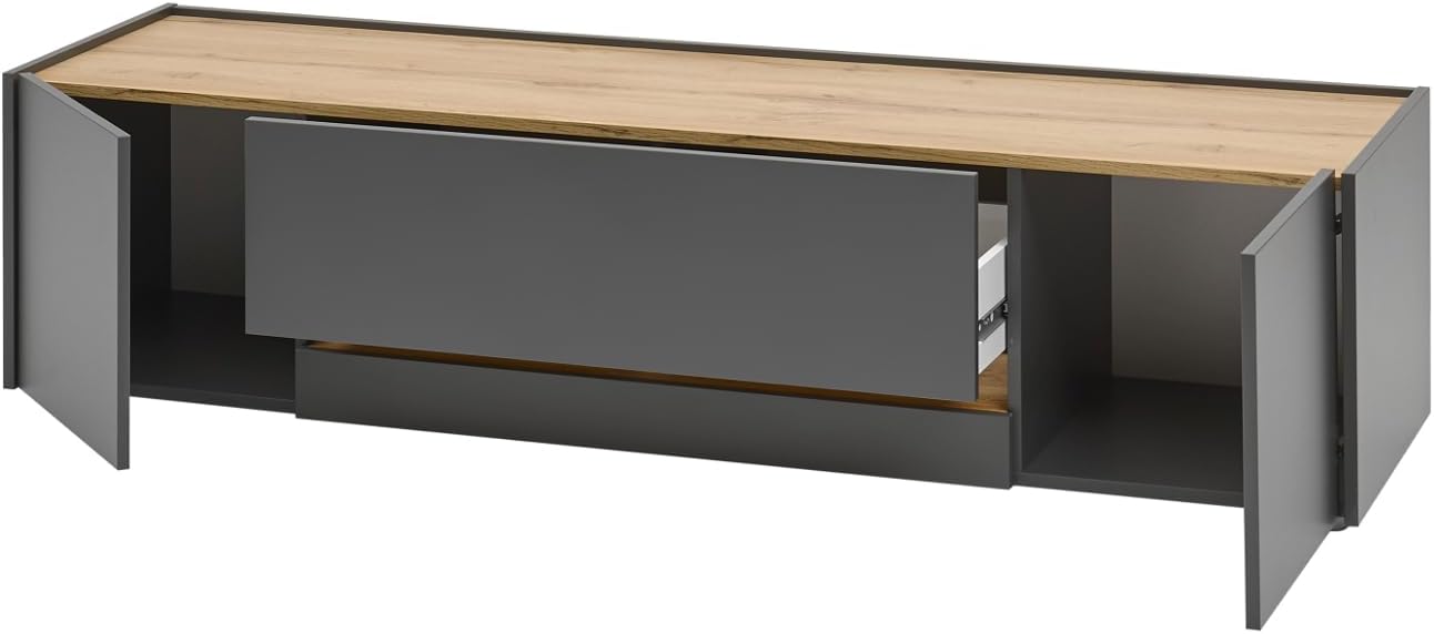 TV Unterteil Lowboard in Eiche Wotan Holz und grau matt Wohnzimmer Fernseher Schrank Mediaschrank TV-Board 170 x 40 cm Center (TV-Lowboard 2)