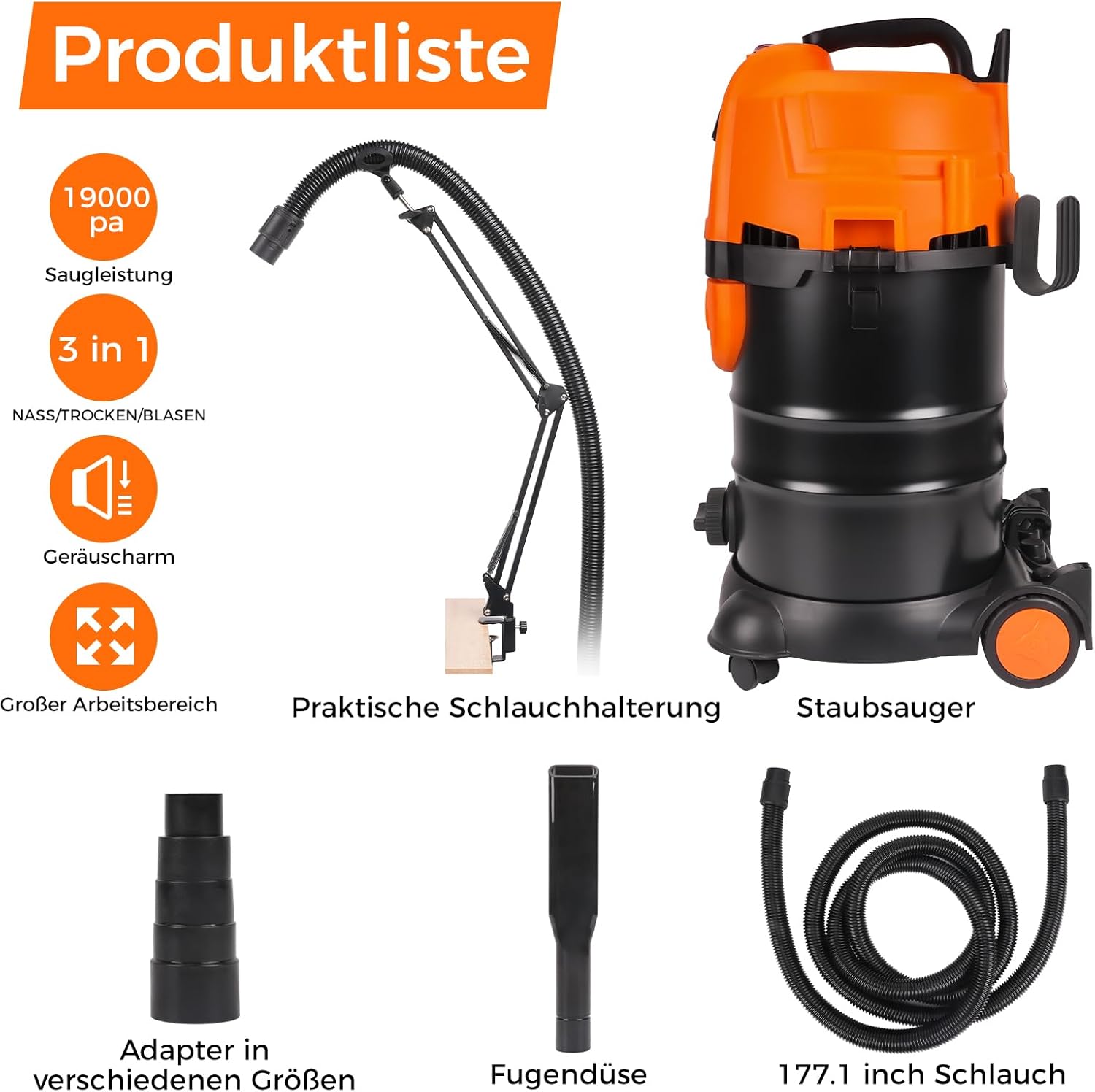 LUNYEE 19KPa Industriestaubsauger mit Einschaltautomatik 30L,1800W Industriesauger Beutellos mit Automatischem Vakuumschalter Zyklon-Staubabscheider Werkstattsauger für CNC-Maschine(Orange)