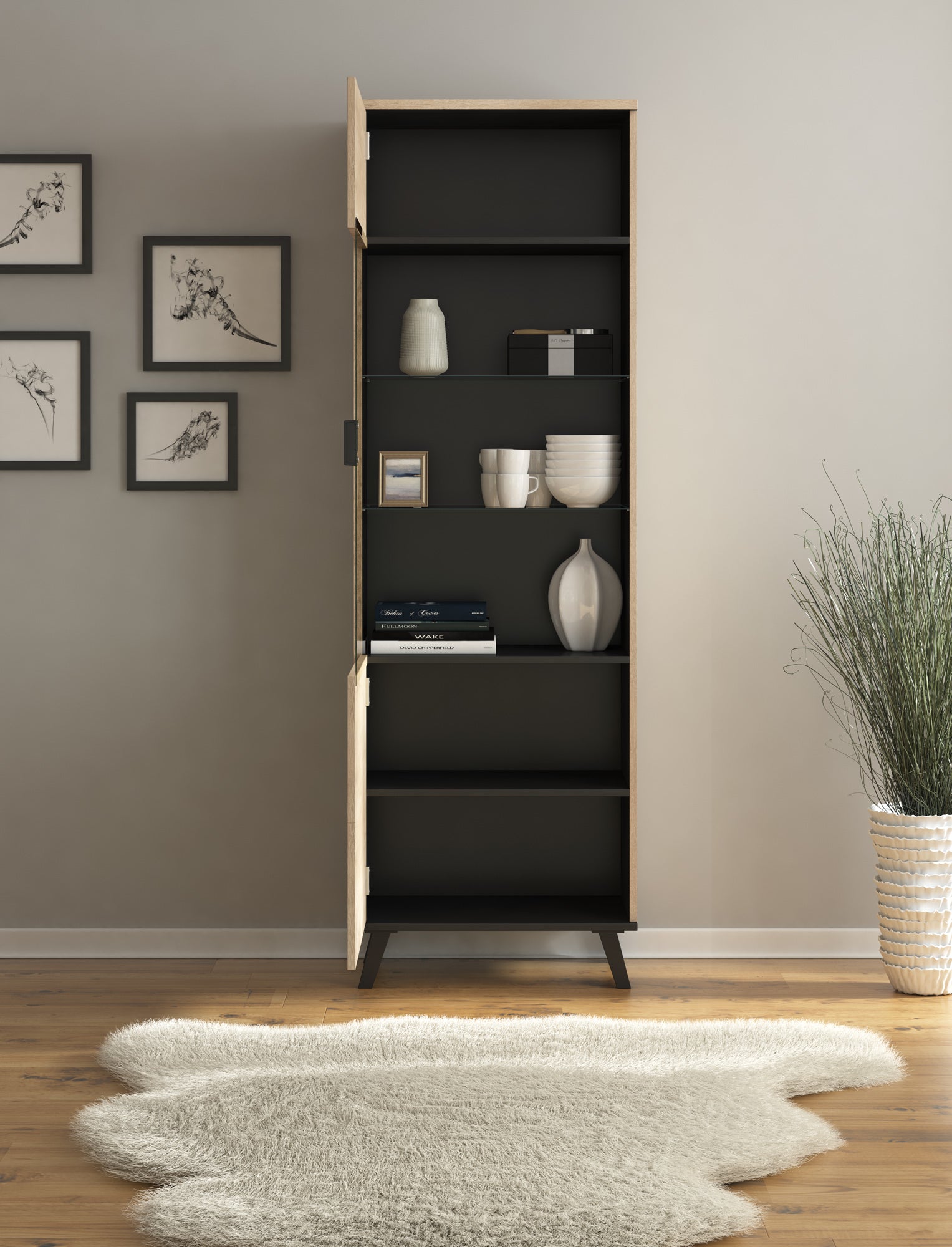 Meubella - Vitrinekast Jenny - Eiken - Zwart - 61 cm