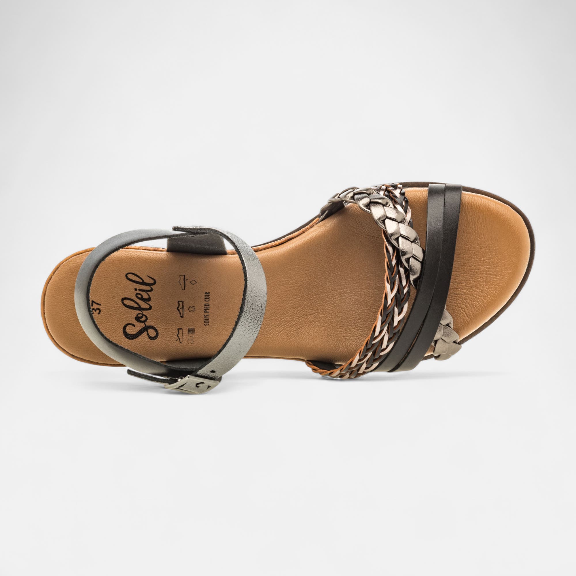 Sandales à talon compensé Femme en cuir noir